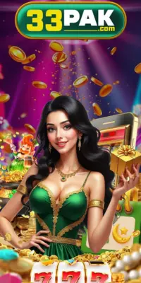 Promotional graphic for 33PAK Game featuring a woman in a green dress surrounded by falling gold coins, a 777 slot machine, and a gold gift box.
