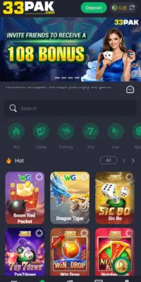 33PAK Game app dashboard interface showing a '108 Bonus' invitation banner, game categories like Cards and Fishing, and popular games including Dragon Tiger and Sic Bio.