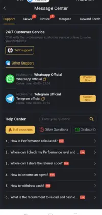 777PKR Game support center screen showing WhatsApp, Telegram, and help options