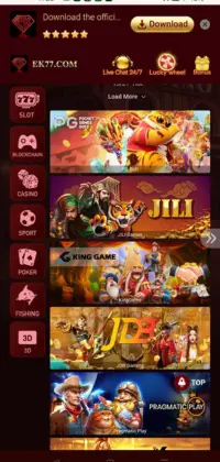 EK77 Game app showing game categories like slots, casino, sport, poker and fishing