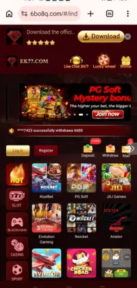 EK77 Game app homepage showing slots, casino games, deposit and withdraw options