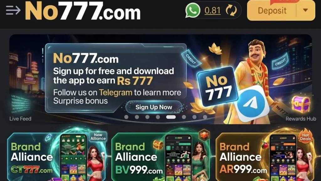 NO777.com gaming platform homepage showing signup bonus, Telegram promotion, rewards hub, and brand alliance gaming apps.