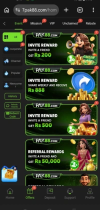 PAK88 game app rewards section showing various invite bonuses, including Rs 200 for inviting a friend, Rs 888 for weekly sharing, and referral rewards up to Rs 50,000.