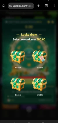 PAK88 game Lucky Draw screen showing four green and gold treasure chests with an "Enable" button and a promotional text offering rewards up to 500.00.