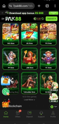 PAK88 game mobile dashboard showing various slot categories like WG Slots, JILI Slots, and PG Slots with a promotional banner offering an 888 rupee download bonus.