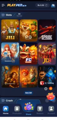 PLAYPKR Game mobile app screen showing slot games, crash games, colorful gaming icons, and navigation options on a smartphone display.
