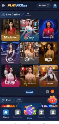PLAYPKR Game app interface showing live casino categories with different gaming providers, colorful banners, and bottom navigation menu on a mobile screen.