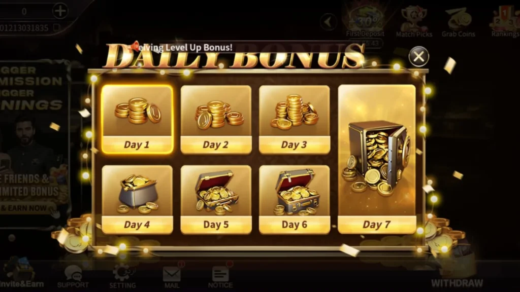 Royal X 777 daily bonus reward screen showing gold coins, treasure boxes, and 7-day login rewards.
