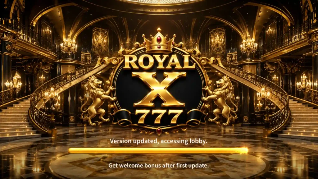 Royal X 777 game loading screen with golden royal logo, luxury palace background, glowing lights, and update progress bar.