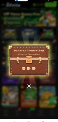 JJWIN Game Mysterious Treasure Chest reward popup screen in a mobile gaming app with claim button and countdown timer.
