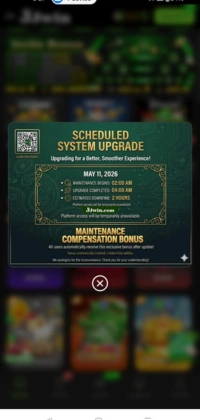 JJWIN Game Scheduled system upgrade notice screen in a mobile gaming app showing maintenance details and compensation bonus information.