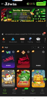 JJWin mobile gaming app home screen showing invite bonus banner and multiple game options.