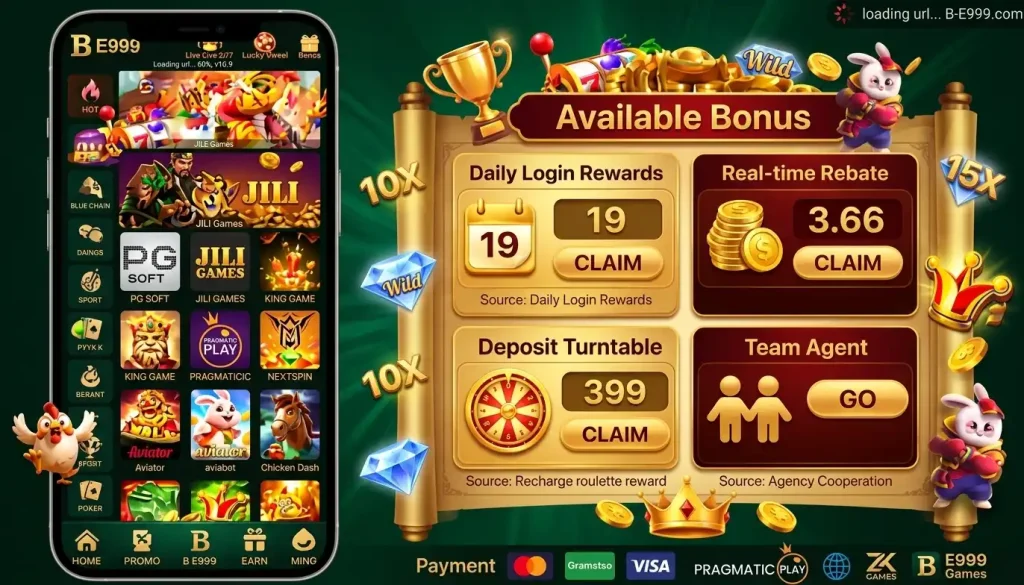 E999 Game mobile app interface showing online gaming features, rewards, and user dashboard on smartphone screen.