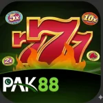 PAK88 game logo featuring stylized red lucky number sevens with flames, multiplier bubbles (5x, 10x, 2x), and a green crescent moon icon on a dark background.