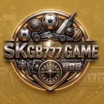 SKGB777 Game logo with golden neon theme, featuring football, basketball, cricket bat, racing car, playing cards, roulette wheel, and slot machine symbols.